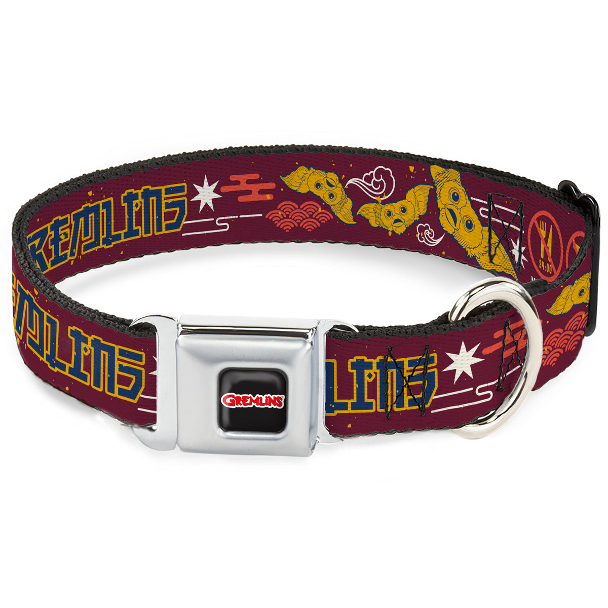 GREMLINS Text Logo Full Color Black/Red Seatbelt Buckle Collar - GREMLINS Care Rules Anime Style Collage Burgundy/Multi Color Dog Collars Seatbelt Buckle Gremlins