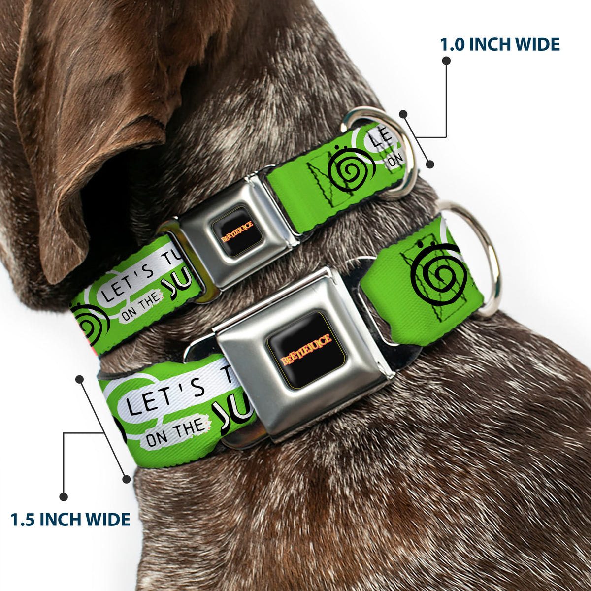 BEETLEJUICE Title Logo Full Color Black/Yellow Seatbelt Buckle Collar - BEETLEJUICE Face and Quotes Collage Pink/Green/Black Dog Collars Seatbelt Buckle Beetlejuice
