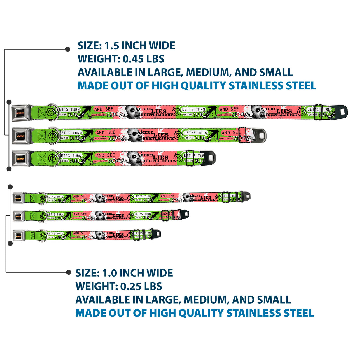 BEETLEJUICE Title Logo Full Color Black/Yellow Seatbelt Buckle Collar - BEETLEJUICE Face and Quotes Collage Pink/Green/Black Dog Collars Seatbelt Buckle Beetlejuice