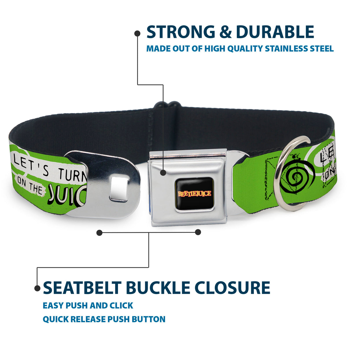 BEETLEJUICE Title Logo Full Color Black/Yellow Seatbelt Buckle Collar - BEETLEJUICE Face and Quotes Collage Pink/Green/Black Dog Collars Seatbelt Buckle Beetlejuice