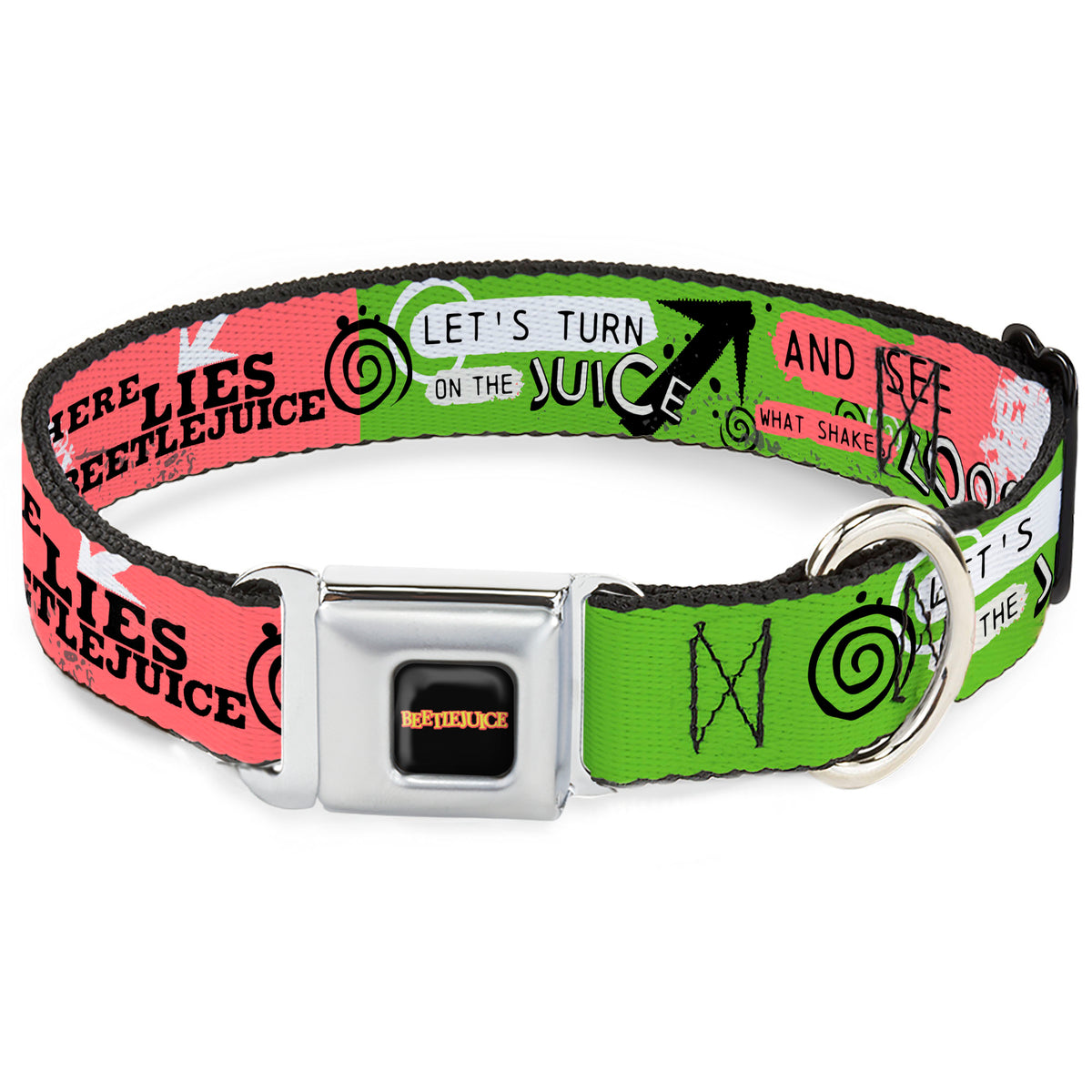 BEETLEJUICE Title Logo Full Color Black/Yellow Seatbelt Buckle Collar - BEETLEJUICE Face and Quotes Collage Pink/Green/Black Dog Collars Seatbelt Buckle Beetlejuice