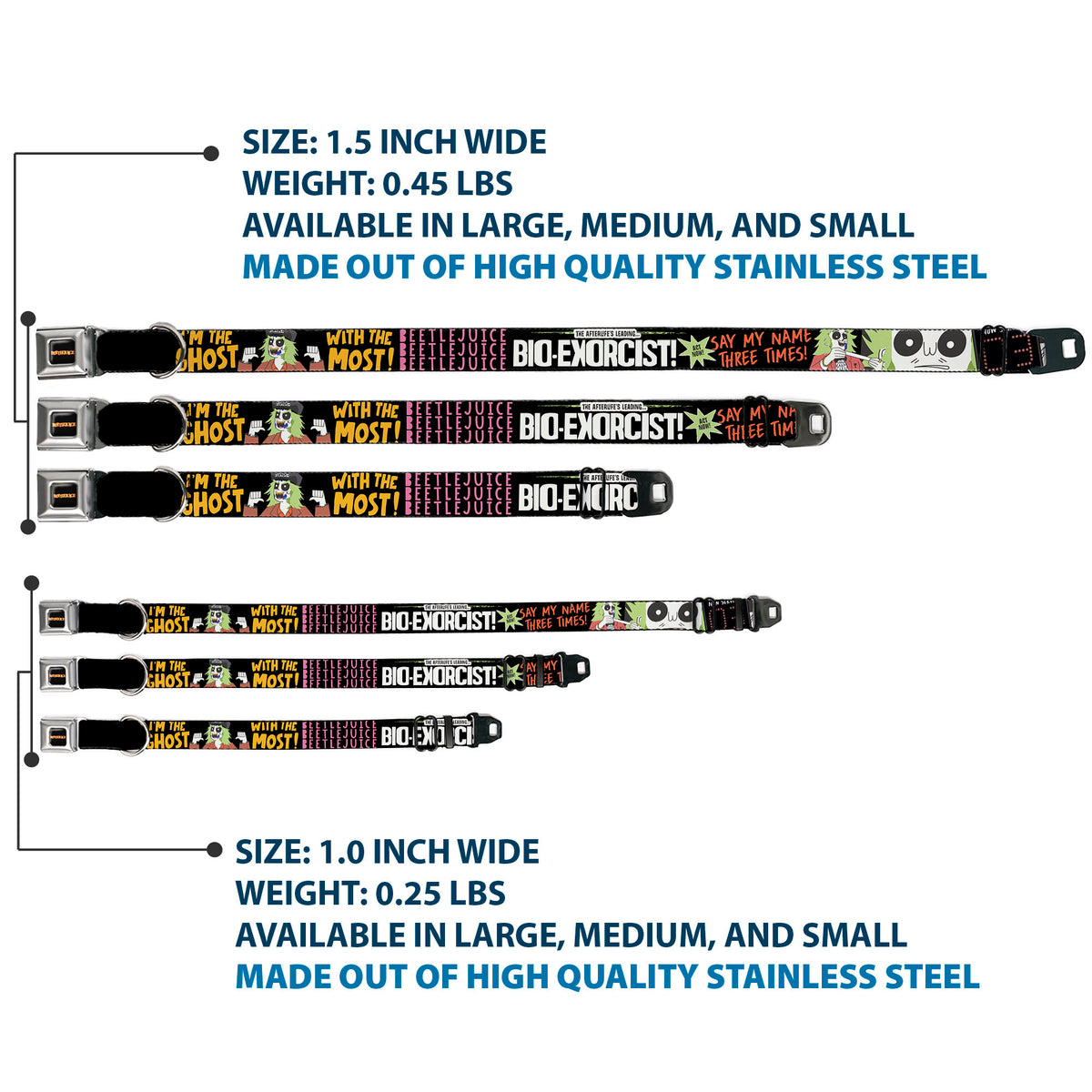 BEETLEJUICE Title Logo Full Color Black/Yellow Seatbelt Buckle Collar - BEETLEJUICE Cartoon Quotes and Scene Black/Multi Color Dog Collars Seatbelt Buckle Beetlejuice