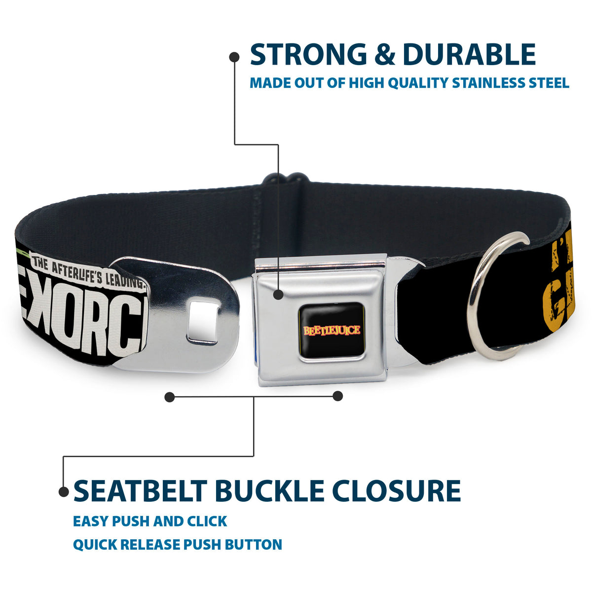BEETLEJUICE Title Logo Full Color Black/Yellow Seatbelt Buckle Collar - BEETLEJUICE Cartoon Quotes and Scene Black/Multi Color Dog Collars Seatbelt Buckle Beetlejuice