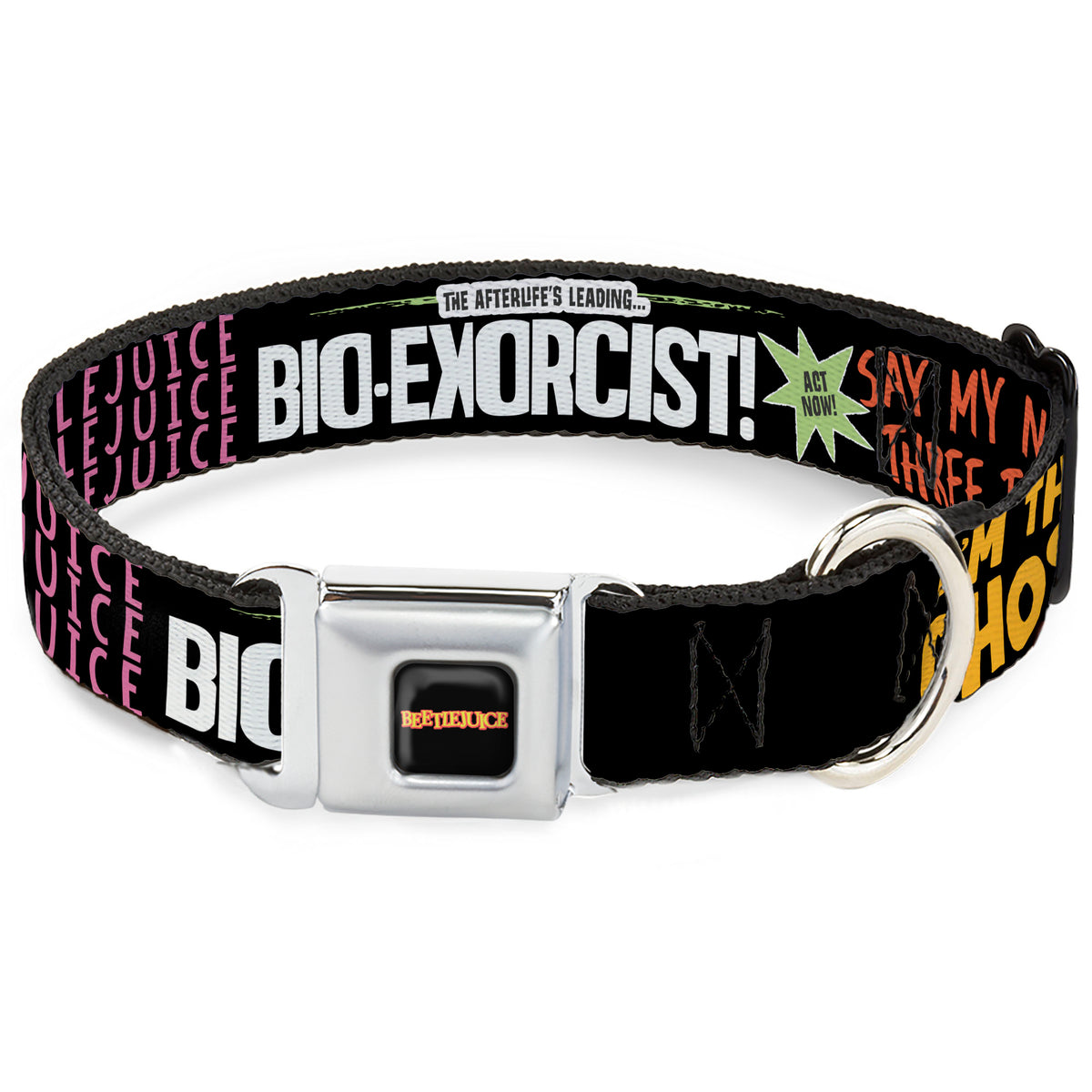 BEETLEJUICE Title Logo Full Color Black/Yellow Seatbelt Buckle Collar - BEETLEJUICE Cartoon Quotes and Scene Black/Multi Color Dog Collars Seatbelt Buckle Beetlejuice