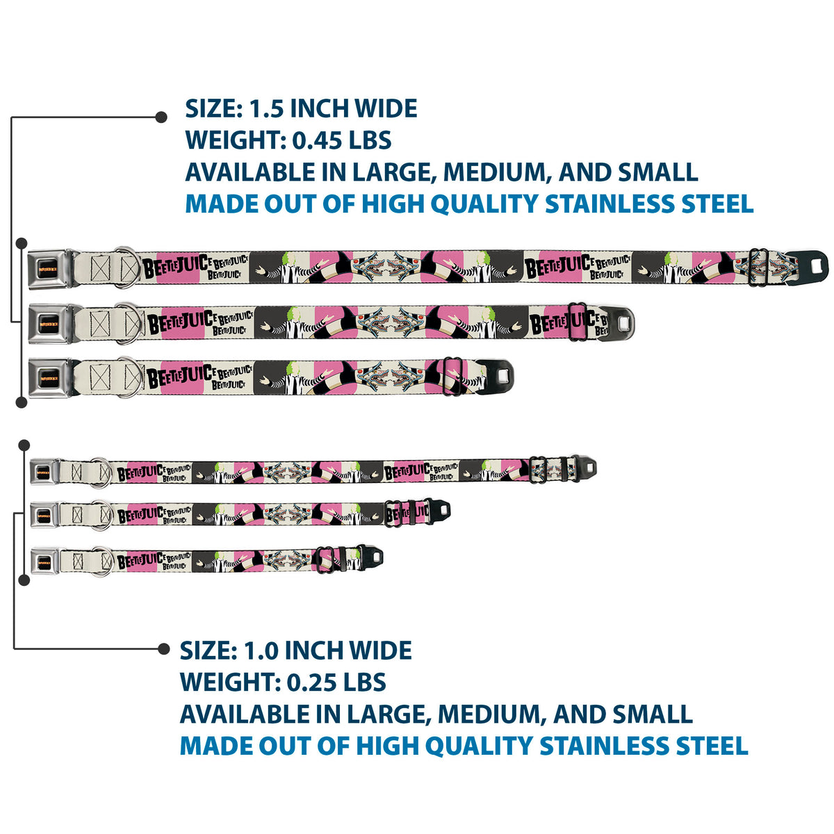 BEETLEJUICE Title Logo Full Color Black/Yellow Seatbelt Buckle Collar - BEETLEJUICE Pose and Sandworm Stripe White/Pink/Gray Dog Collars Seatbelt Buckle Beetlejuice