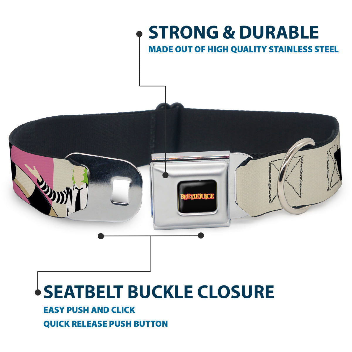 BEETLEJUICE Title Logo Full Color Black/Yellow Seatbelt Buckle Collar - BEETLEJUICE Pose and Sandworm Stripe White/Pink/Gray Dog Collars Seatbelt Buckle Beetlejuice