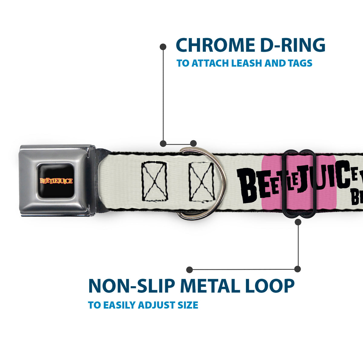 BEETLEJUICE Title Logo Full Color Black/Yellow Seatbelt Buckle Collar - BEETLEJUICE Pose and Sandworm Stripe White/Pink/Gray Dog Collars Seatbelt Buckle Beetlejuice