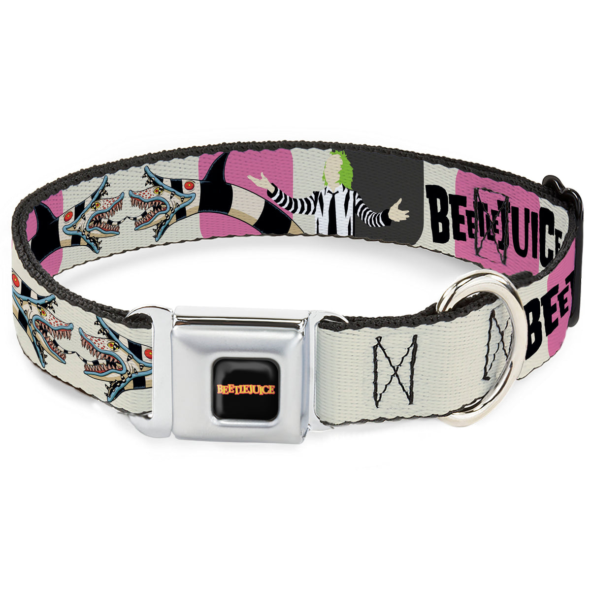 BEETLEJUICE Title Logo Full Color Black/Yellow Seatbelt Buckle Collar - BEETLEJUICE Pose and Sandworm Stripe White/Pink/Gray Dog Collars Seatbelt Buckle Beetlejuice