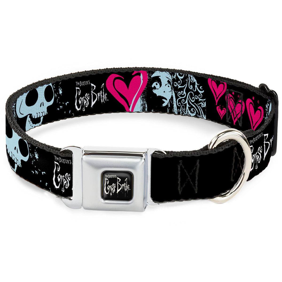 CORPSE BRIDE Title Logo Full Color Black/White Seatbelt Buckle Collar - CORPSE BRIDE Emily Hearts and Skull Black/Gray/Pink Dog Collars Seatbelt Buckle Corpse Bride