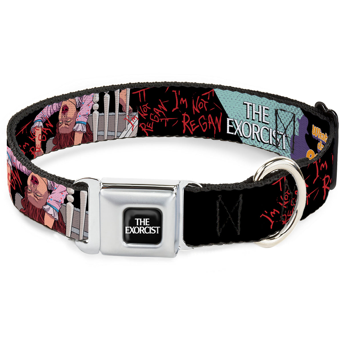 THE EXORCIST Title Logo Full Color Black/White Seatbelt Buckle Collar - THE EXORCIST Regan Pop Art EXCELLENT DAY FOR AN EXORCISM Pose Dog Collars Seatbelt Buckle The Exorcist