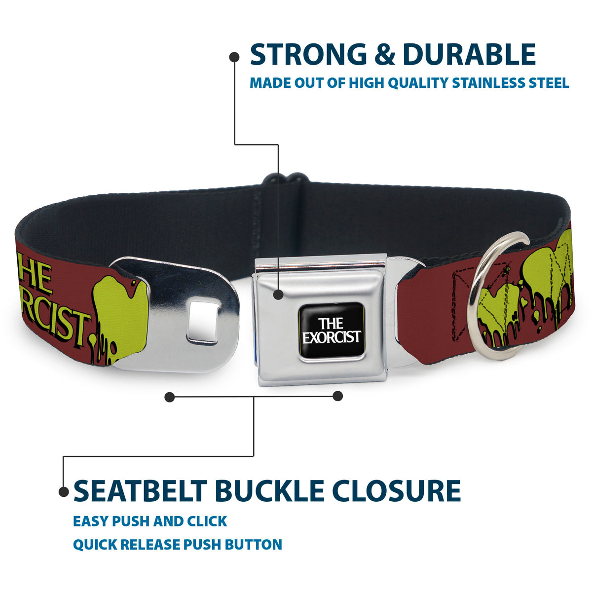 THE EXORCIST Title Logo Full Color Black/White Seatbelt Buckle Collar - THE EXORCIST Regan YOU POSSESS MY HEART Pose Red/Yellow Dog Collars Seatbelt Buckle The Exorcist