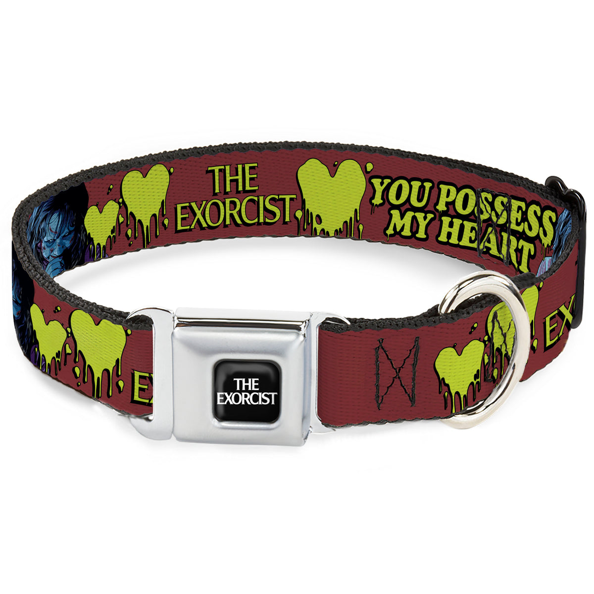 THE EXORCIST Title Logo Full Color Black/White Seatbelt Buckle Collar - THE EXORCIST Regan YOU POSSESS MY HEART Pose Red/Yellow Dog Collars Seatbelt Buckle The Exorcist