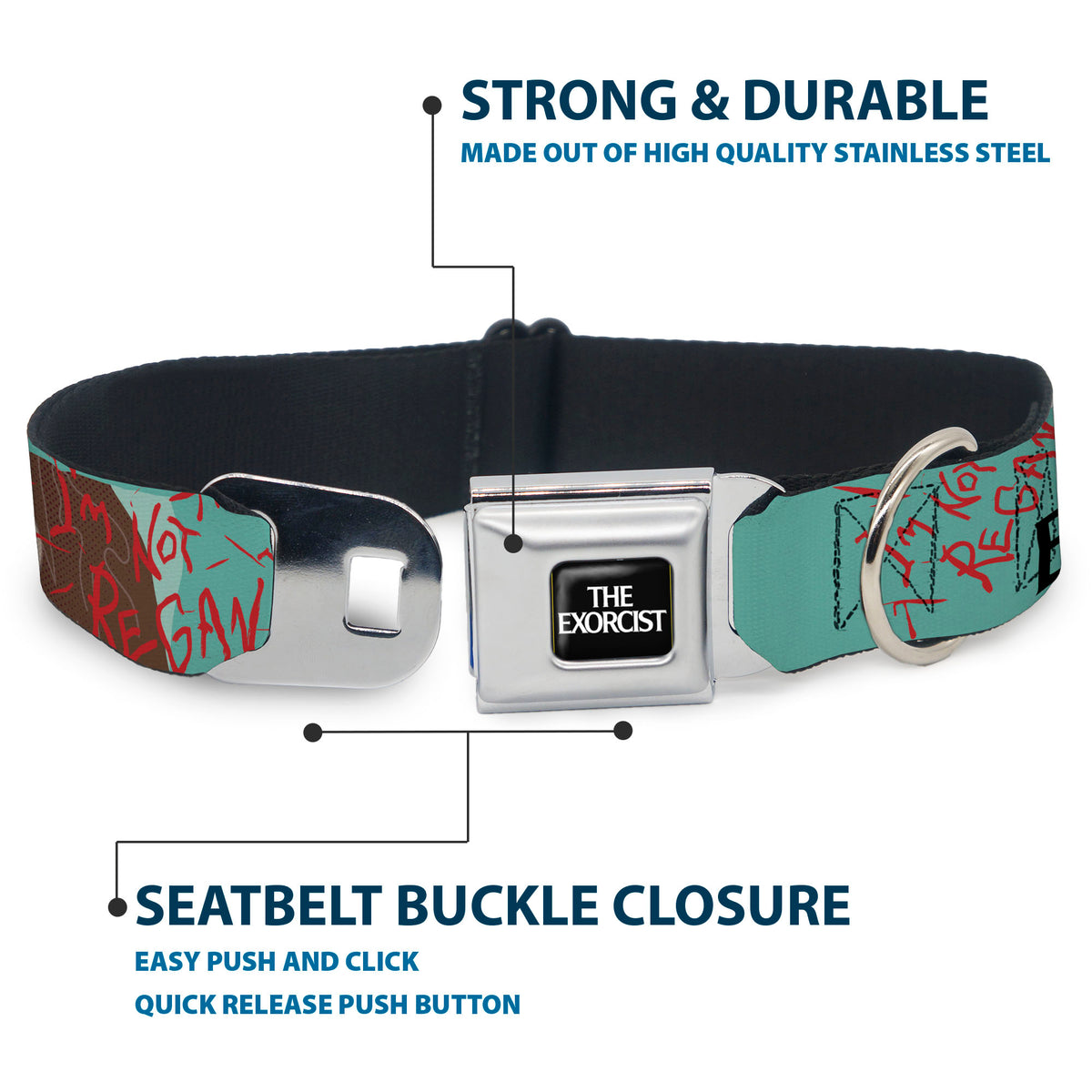 THE EXORCIST Title Logo Full Color Black/White Seatbelt Buckle Collar - THE EXORCIST I'M NOT REGAN Elevation Pose and Face Pop Art Dog Collars Seatbelt Buckle The Exorcist