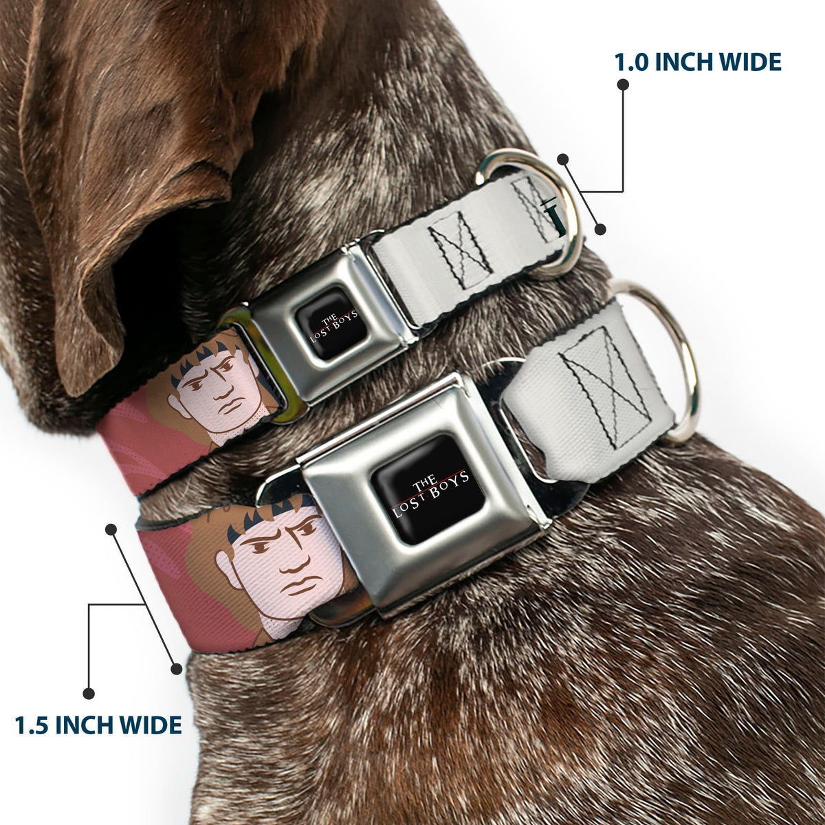 THE LOST BOYS Title Logo Full Color Black/White Seatbelt Buckle Collar - THE LOST BOYS Edgar and Alan Pop Art Icons Collage White Dog Collars Seatbelt Buckle The Lost Boys