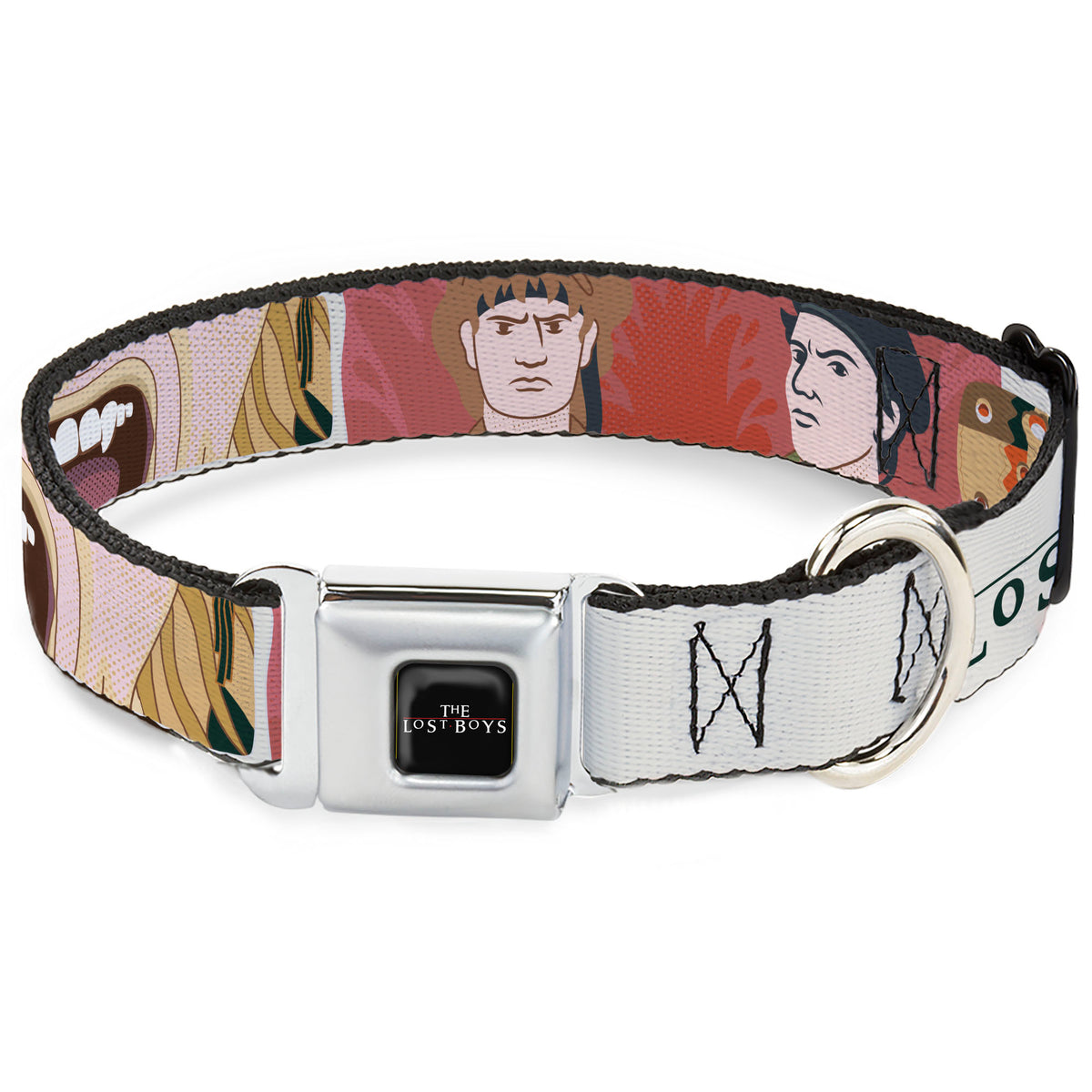 THE LOST BOYS Title Logo Full Color Black/White Seatbelt Buckle Collar - THE LOST BOYS Edgar and Alan Pop Art Icons Collage White Dog Collars Seatbelt Buckle The Lost Boys