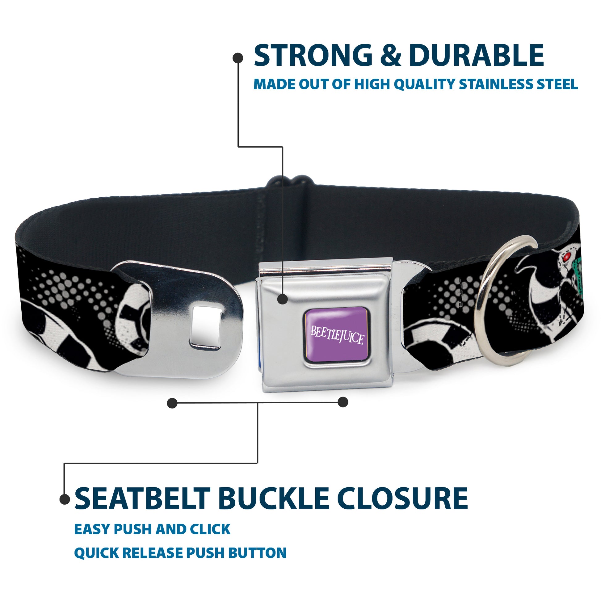 BEETLEJUICE Text Logo Full Color Purple/White Seatbelt Buckle Collar - Beetlejuice Sandworm Healftone Repeat Black/Gray Seatbelt Buckle Collars Beetlejuice