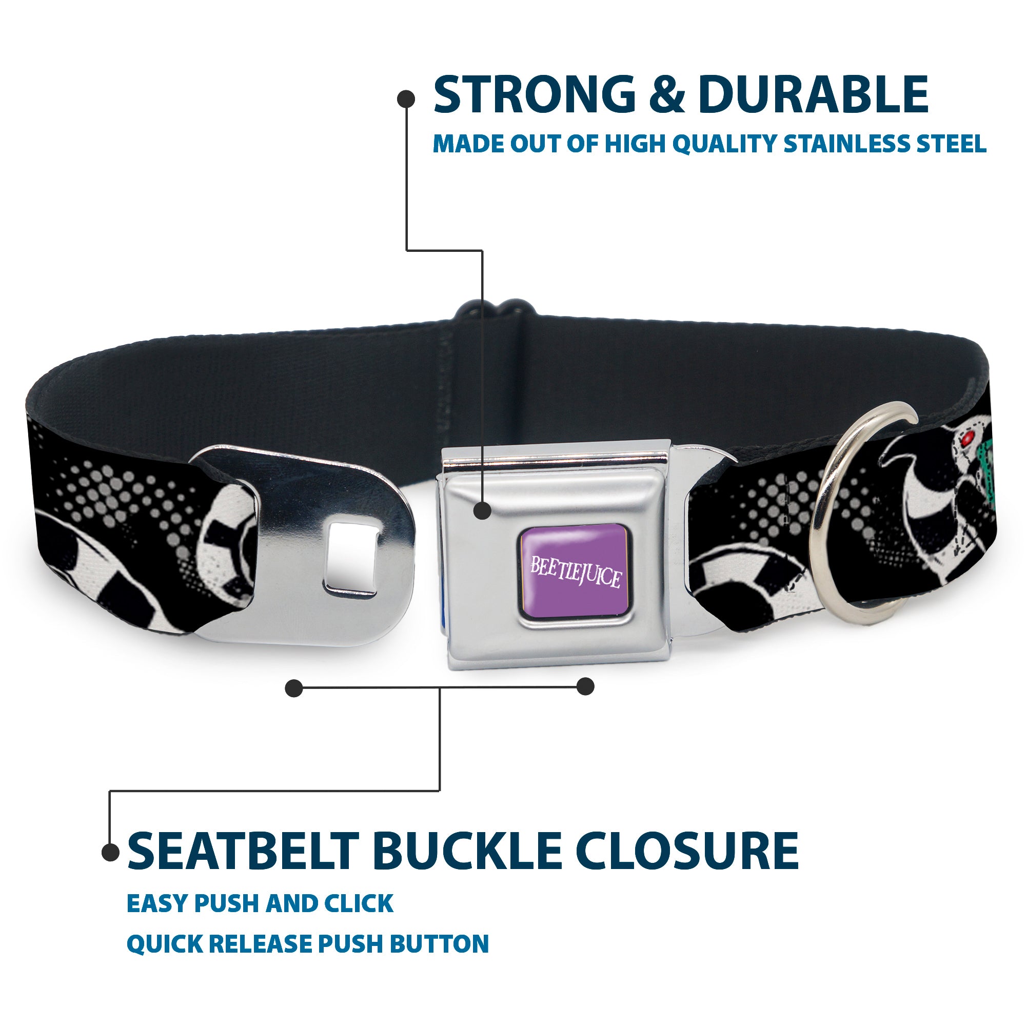 BEETLEJUICE Text Logo Full Color Purple/White Seatbelt Buckle Collar - Beetlejuice Sandworm Healftone Repeat Black/Gray Seatbelt Buckle Collars Beetlejuice