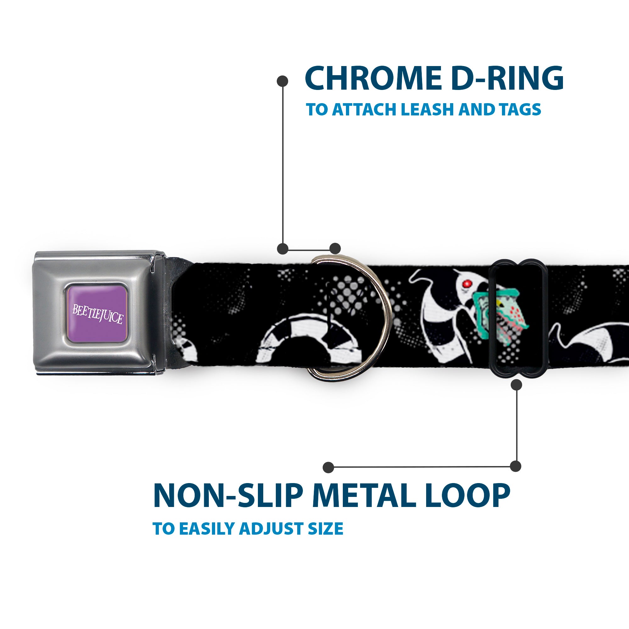 BEETLEJUICE Text Logo Full Color Purple/White Seatbelt Buckle Collar - Beetlejuice Sandworm Healftone Repeat Black/Gray Seatbelt Buckle Collars Beetlejuice