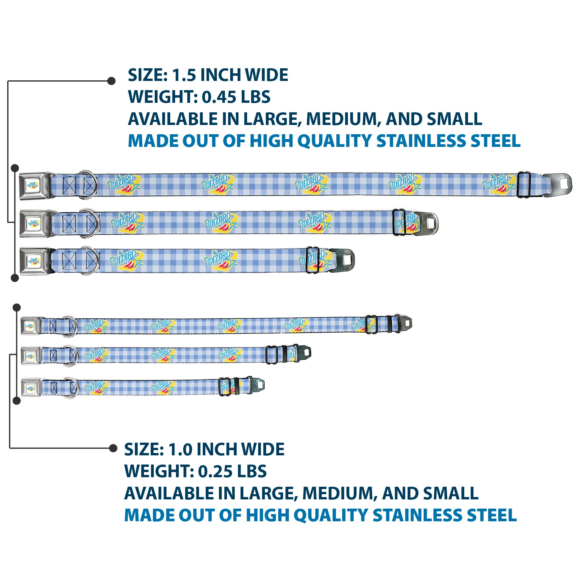 THE WIZARD OF OZ Logo Full Color White Seatbelt Buckle Collar - THE WIZARD OF OZ Logo Gingham Checker Blues Seatbelt Buckle Collars The Wizard of Oz