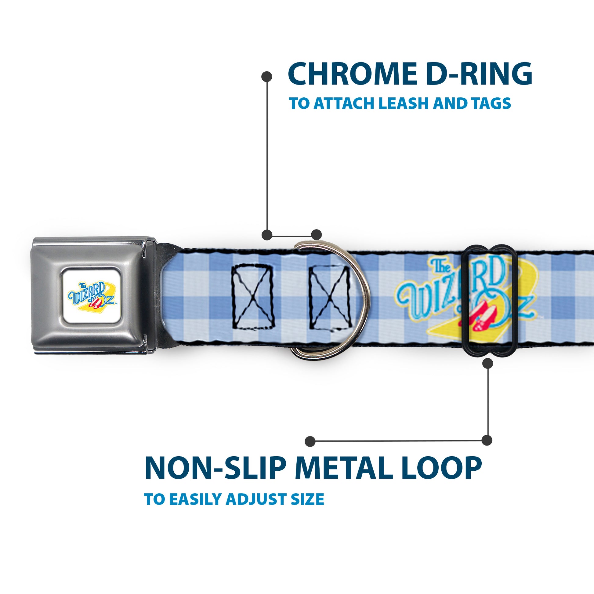 THE WIZARD OF OZ Logo Full Color White Seatbelt Buckle Collar - THE WIZARD OF OZ Logo Gingham Checker Blues Seatbelt Buckle Collars The Wizard of Oz