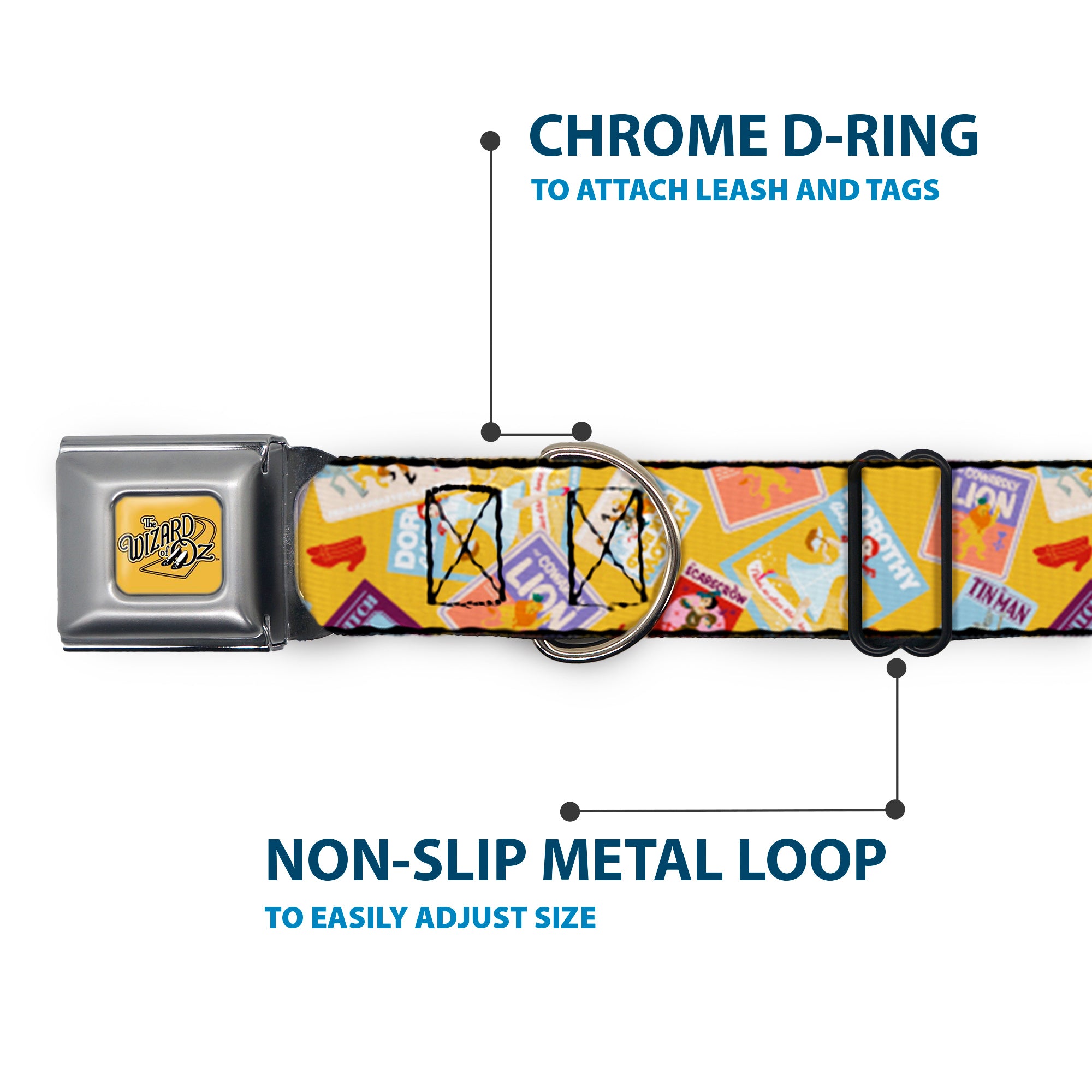 THE WIZARD OF OZ Title Logo Full Color Yellow/Black Seatbelt Buckle Collar - The Wizard of Oz Characters Scenes and Icons Collage Yellow Seatbelt Buckle Collars The Wizard of Oz