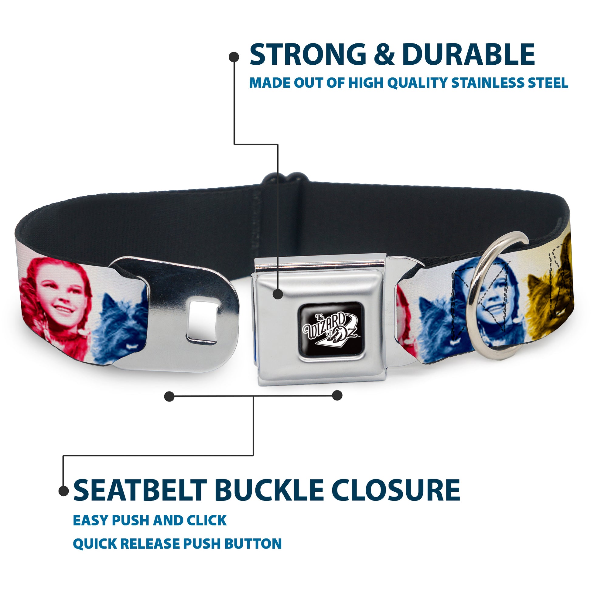 THE WIZARD OF OZ Title Logo Full Color Black/White Seatbelt Buckle Collar - The Wizard of Oz Dorothy and Toto Pose Blocks Blues/Yellows/Reds Seatbelt Buckle Collars The Wizard of Oz