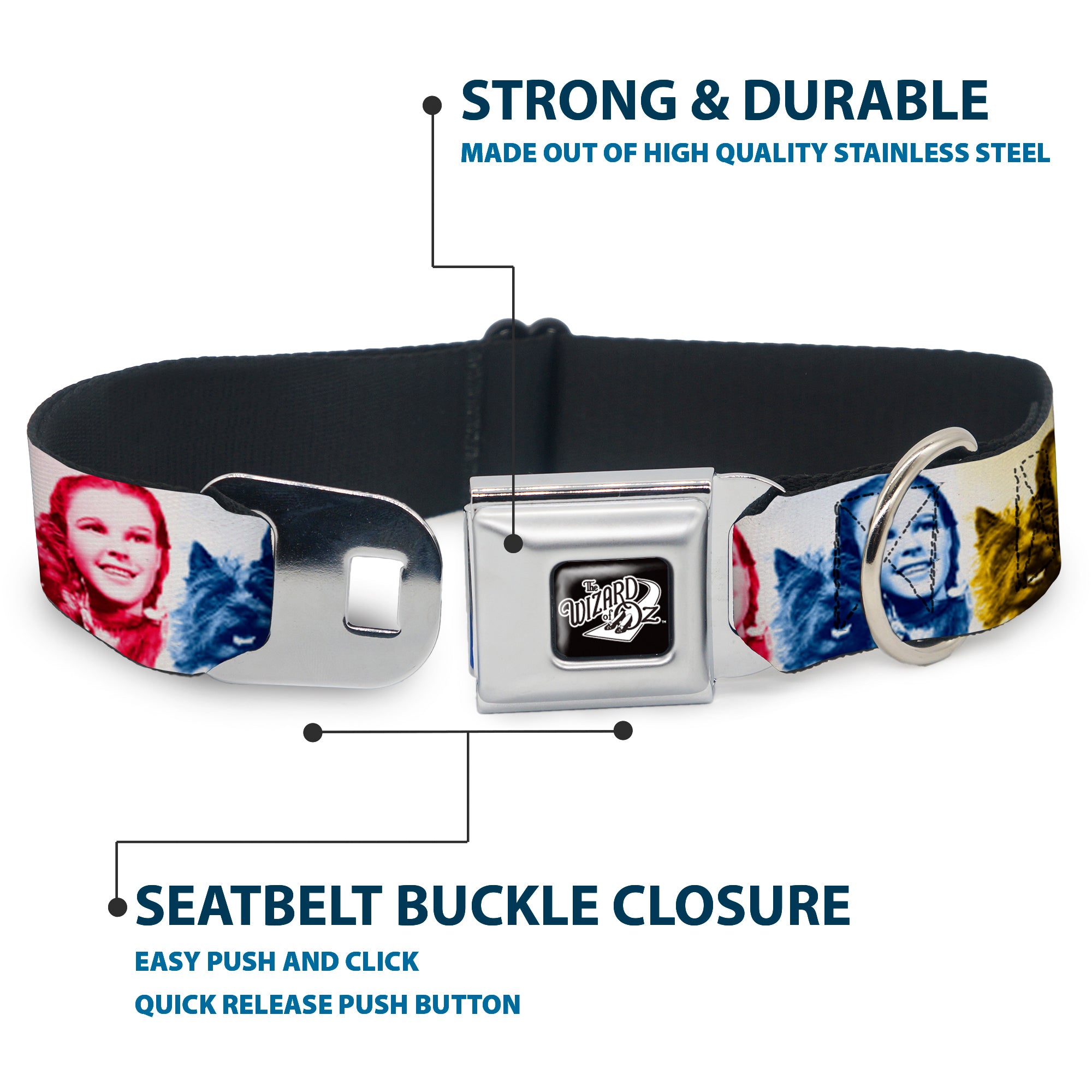 THE WIZARD OF OZ Title Logo Full Color Black/White Seatbelt Buckle Collar - The Wizard of Oz Dorothy and Toto Pose Blocks Blues/Yellows/Reds Seatbelt Buckle Collars The Wizard of Oz