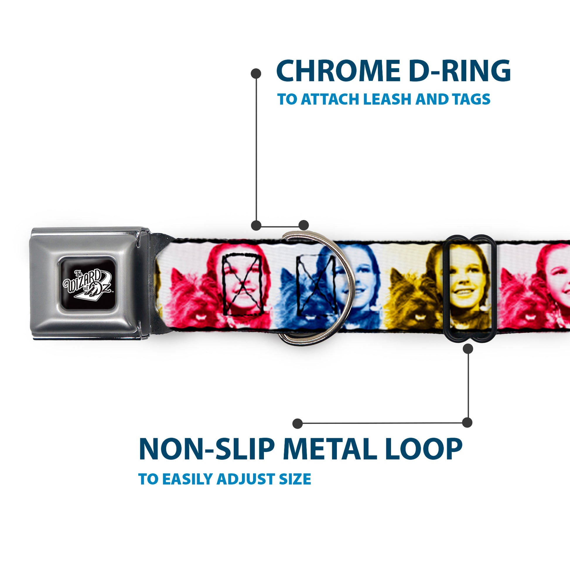 THE WIZARD OF OZ Title Logo Full Color Black/White Seatbelt Buckle Collar - The Wizard of Oz Dorothy and Toto Pose Blocks Blues/Yellows/Reds Seatbelt Buckle Collars The Wizard of Oz