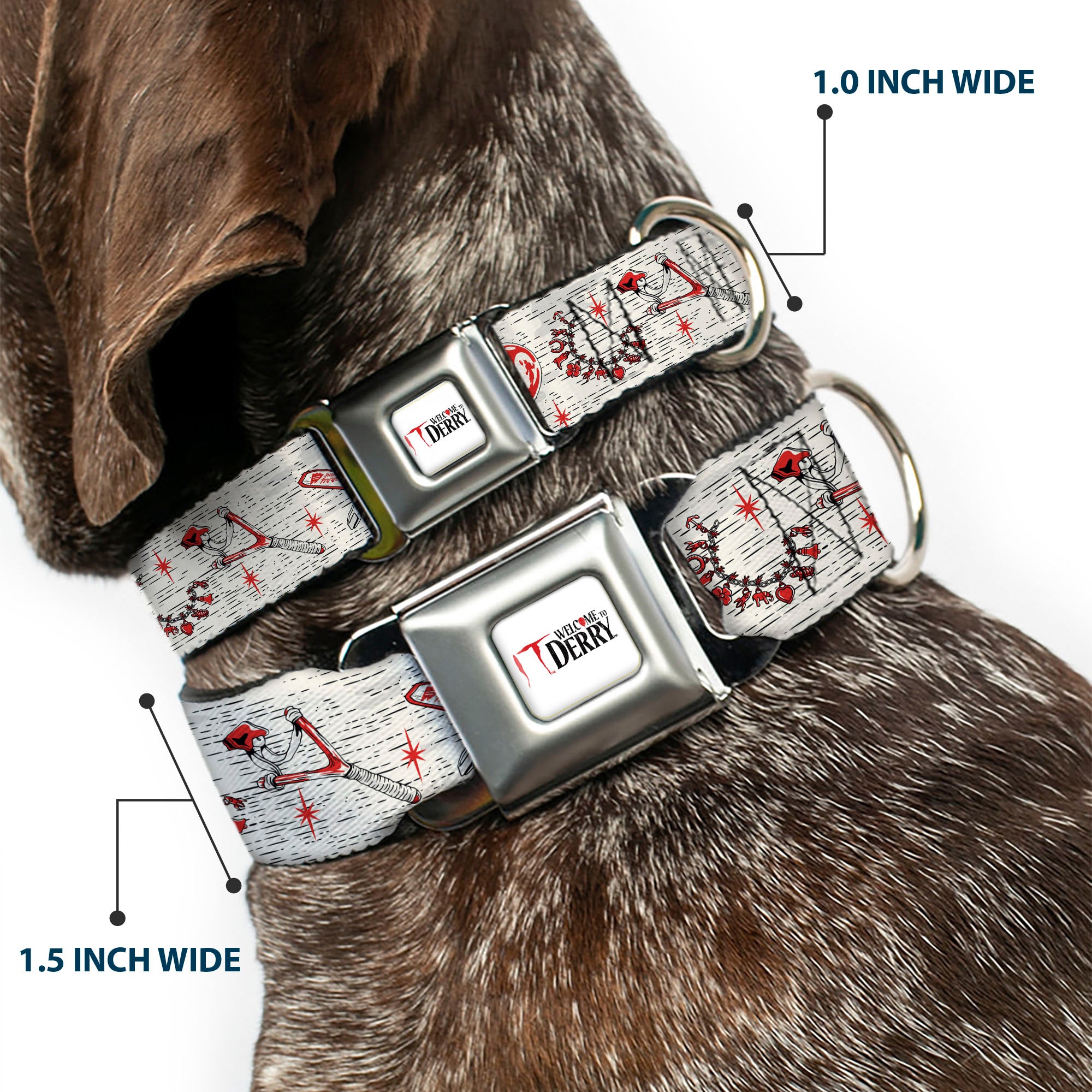 IT WELCOME TO DERRY Title Logo Full Color White Seatbelt Buckle Collar - IT Welcome to Derry Icons Collage White/Black/Red Seatbelt Buckle Collars IT