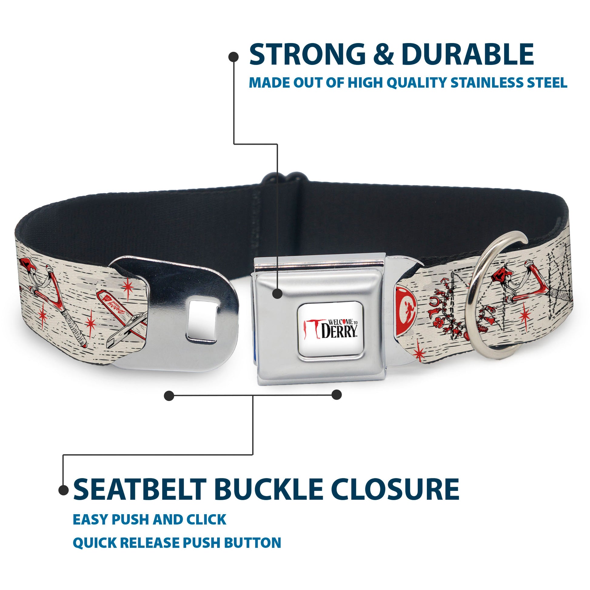 IT WELCOME TO DERRY Title Logo Full Color White Seatbelt Buckle Collar - IT Welcome to Derry Icons Collage White/Black/Red Seatbelt Buckle Collars IT