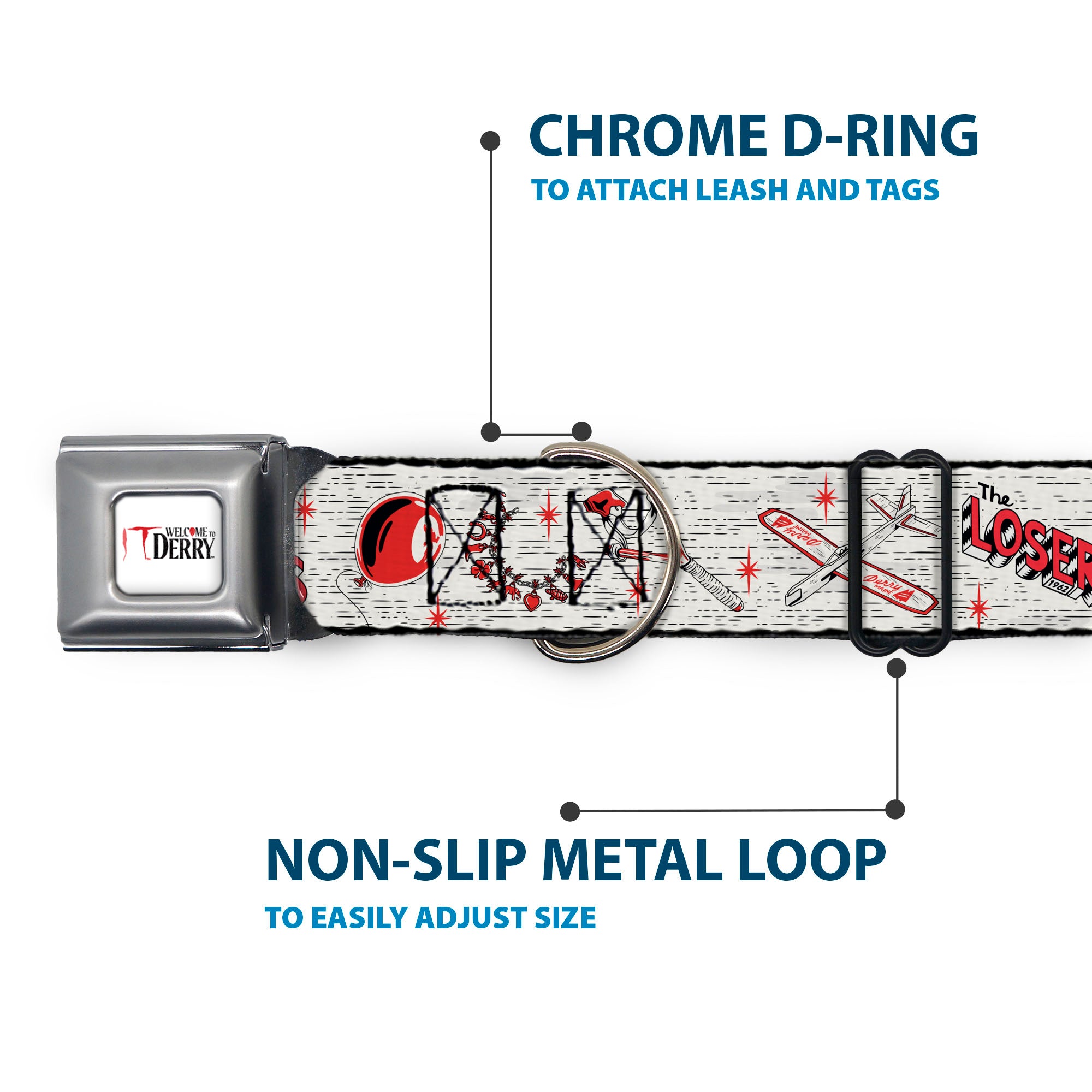IT WELCOME TO DERRY Title Logo Full Color White Seatbelt Buckle Collar - IT Welcome to Derry Icons Collage White/Black/Red Seatbelt Buckle Collars IT