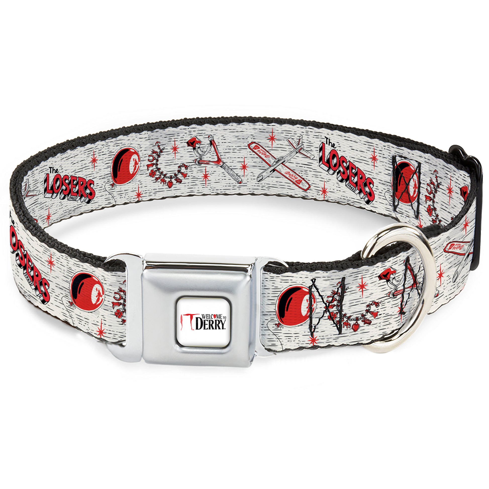IT WELCOME TO DERRY Title Logo Full Color White Seatbelt Buckle Collar - IT Welcome to Derry Icons Collage White/Black/Red Seatbelt Buckle Collars IT