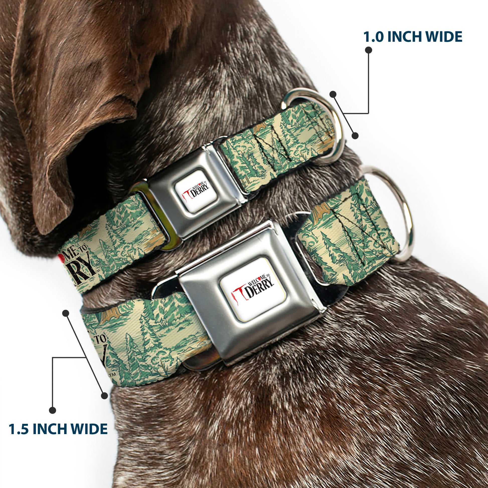 IT WELCOME TO DERRY Title Logo Full Color White Seatbelt Buckle Collar - IT WELCOME TO DERRY Forest Scenery and Title Logo Beige/Greens Seatbelt Buckle Collars IT
