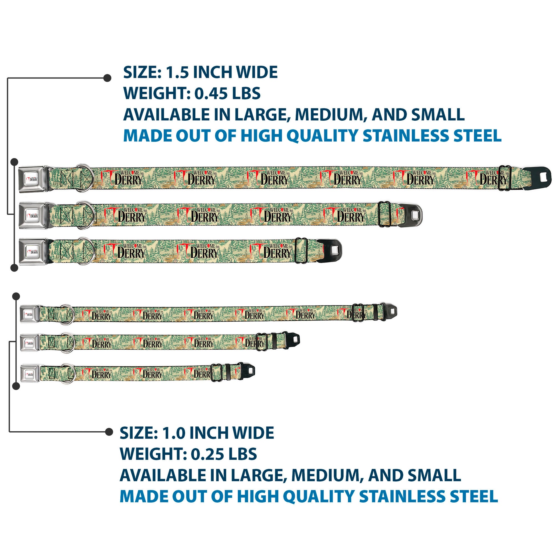 IT WELCOME TO DERRY Title Logo Full Color White Seatbelt Buckle Collar - IT WELCOME TO DERRY Forest Scenery and Title Logo Beige/Greens Seatbelt Buckle Collars IT