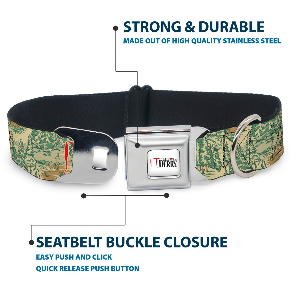 IT WELCOME TO DERRY Title Logo Full Color White Seatbelt Buckle Collar - IT WELCOME TO DERRY Forest Scenery and Title Logo Beige/Greens Seatbelt Buckle Collars IT