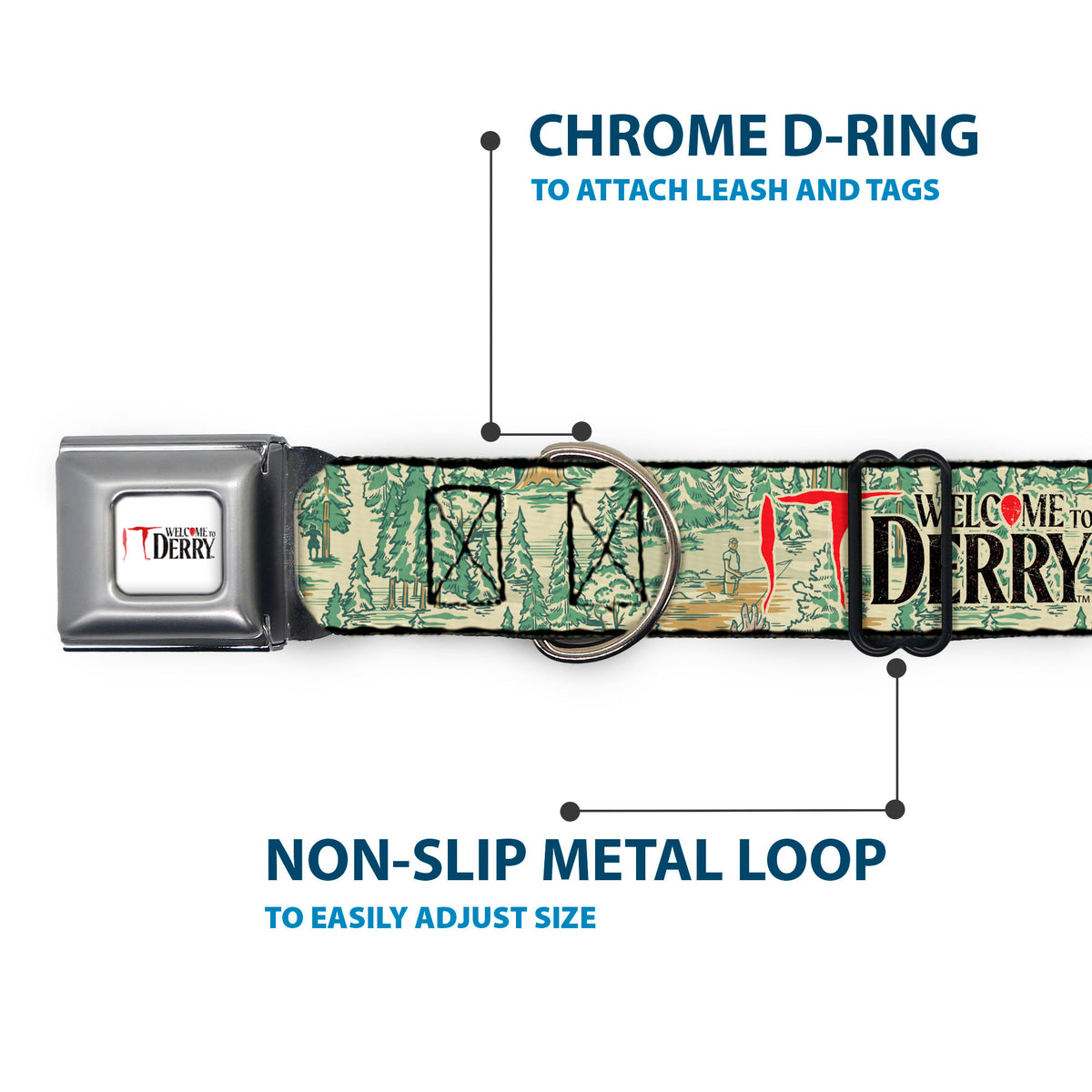 IT WELCOME TO DERRY Title Logo Full Color White Seatbelt Buckle Collar - IT WELCOME TO DERRY Forest Scenery and Title Logo Beige/Greens Seatbelt Buckle Collars IT
