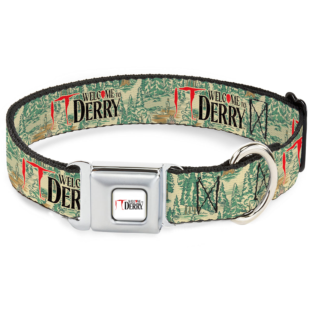 IT WELCOME TO DERRY Title Logo Full Color White Seatbelt Buckle Collar - IT WELCOME TO DERRY Forest Scenery and Title Logo Beige/Greens Seatbelt Buckle Collars IT