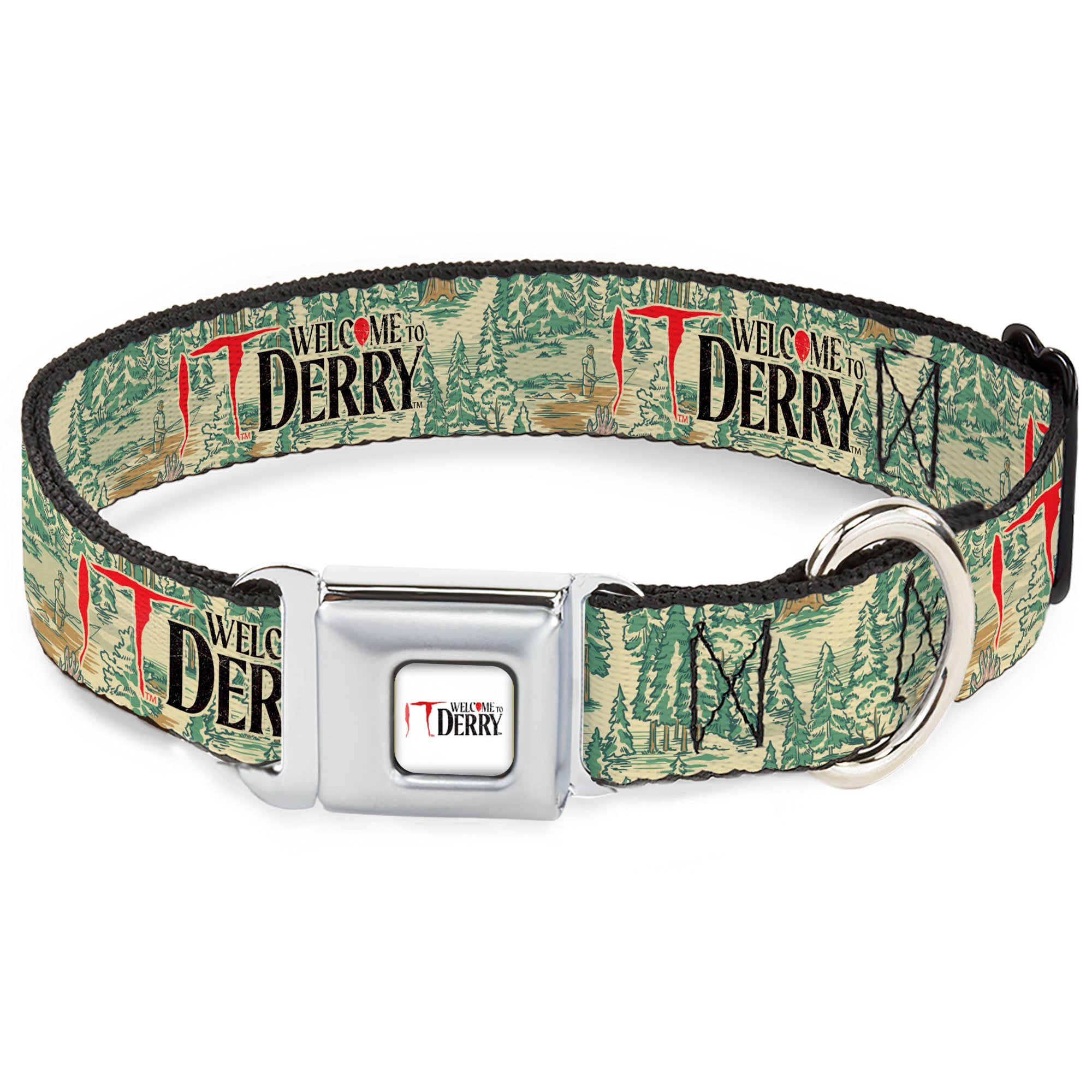 IT WELCOME TO DERRY Title Logo Full Color White Seatbelt Buckle Collar - IT WELCOME TO DERRY Forest Scenery and Title Logo Beige/Greens Seatbelt Buckle Collars IT