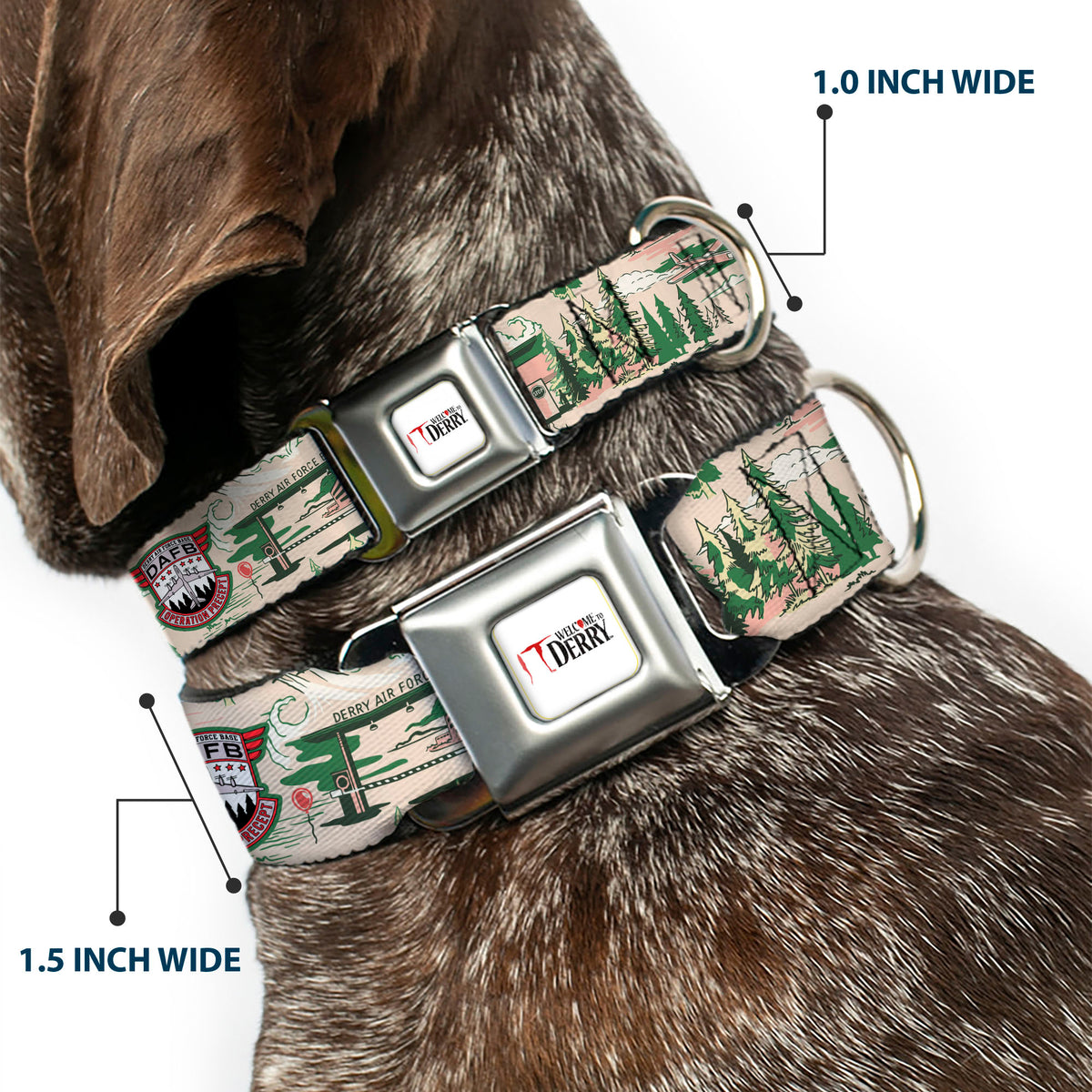 IT WELCOME TO DERRY Title Logo Full Color White Seatbelt Buckle Collar - IT Welcome to Derry Air Force Base and Forest Scenery Beige/Greens Seatbelt Buckle Collars IT