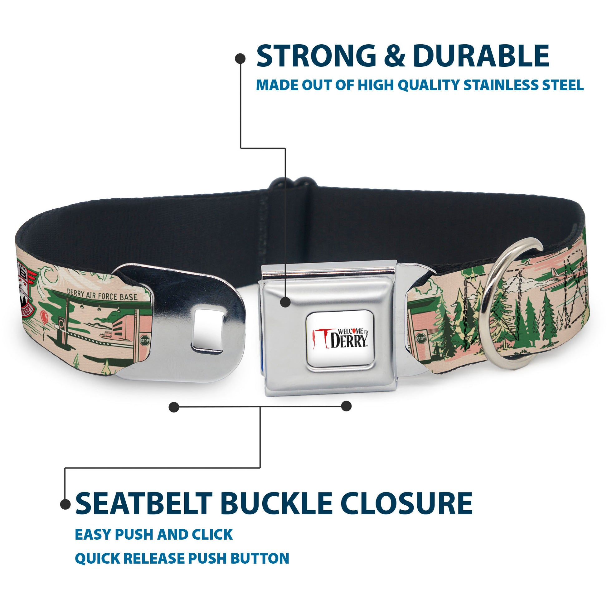 IT WELCOME TO DERRY Title Logo Full Color White Seatbelt Buckle Collar - IT Welcome to Derry Air Force Base and Forest Scenery Beige/Greens Seatbelt Buckle Collars IT