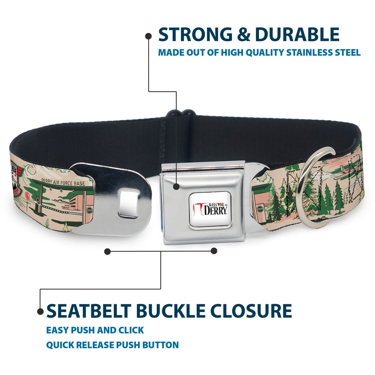 IT WELCOME TO DERRY Title Logo Full Color White Seatbelt Buckle Collar - IT Welcome to Derry Air Force Base and Forest Scenery Beige/Greens Seatbelt Buckle Collars IT