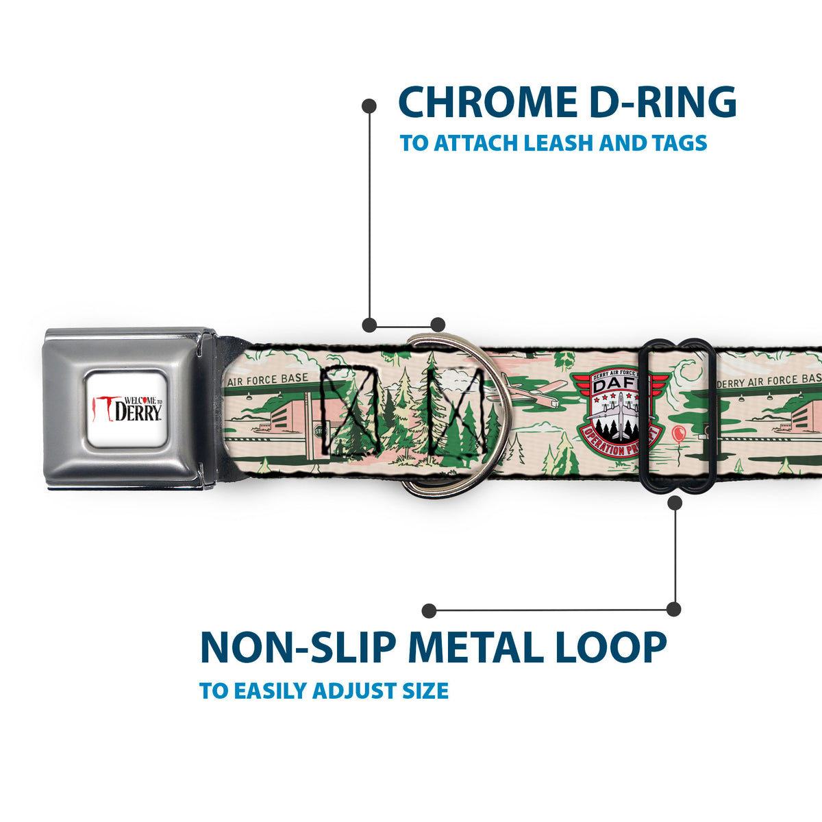 IT WELCOME TO DERRY Title Logo Full Color White Seatbelt Buckle Collar - IT Welcome to Derry Air Force Base and Forest Scenery Beige/Greens Seatbelt Buckle Collars IT
