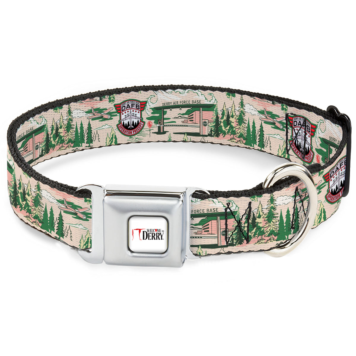 IT WELCOME TO DERRY Title Logo Full Color White Seatbelt Buckle Collar - IT Welcome to Derry Air Force Base and Forest Scenery Beige/Greens Seatbelt Buckle Collars IT