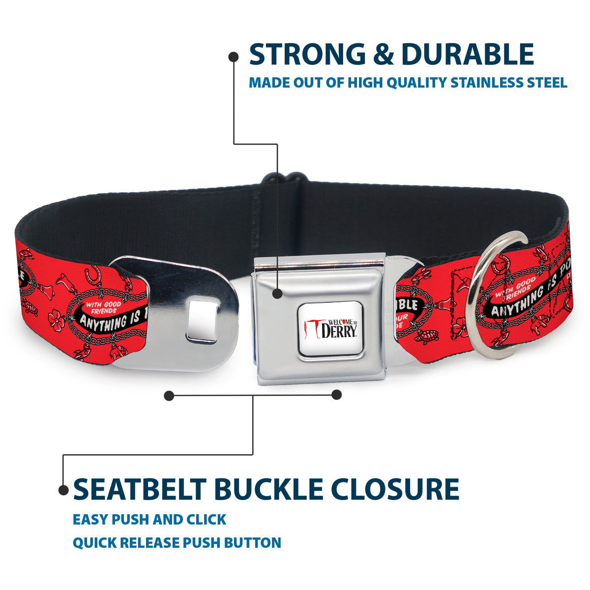 IT WELCOME TO DERRY Title Logo Full Color White Seatbelt Buckle Collar - IT Welcome to Derry ANYTHING IS POSSIBLE Charm Bracelet Red/Black/White Dog Collars Seatbelt Buckle IT