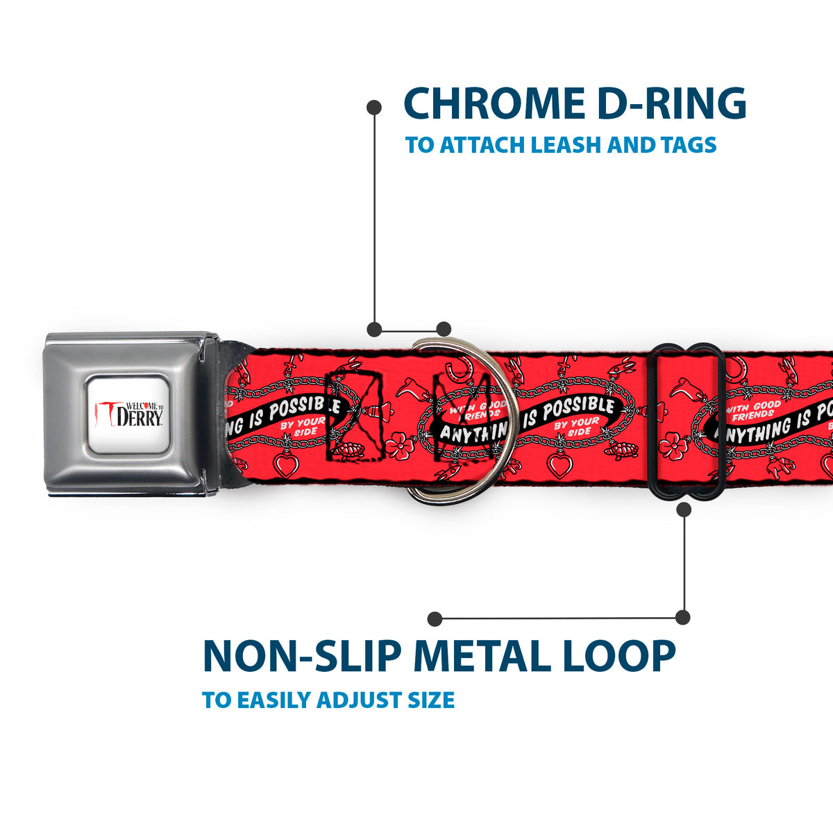 IT WELCOME TO DERRY Title Logo Full Color White Seatbelt Buckle Collar - IT Welcome to Derry ANYTHING IS POSSIBLE Charm Bracelet Red/Black/White Dog Collars Seatbelt Buckle IT