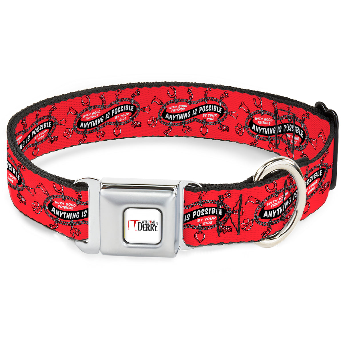 IT WELCOME TO DERRY Title Logo Full Color White Seatbelt Buckle Collar - IT Welcome to Derry ANYTHING IS POSSIBLE Charm Bracelet Red/Black/White Dog Collars Seatbelt Buckle IT