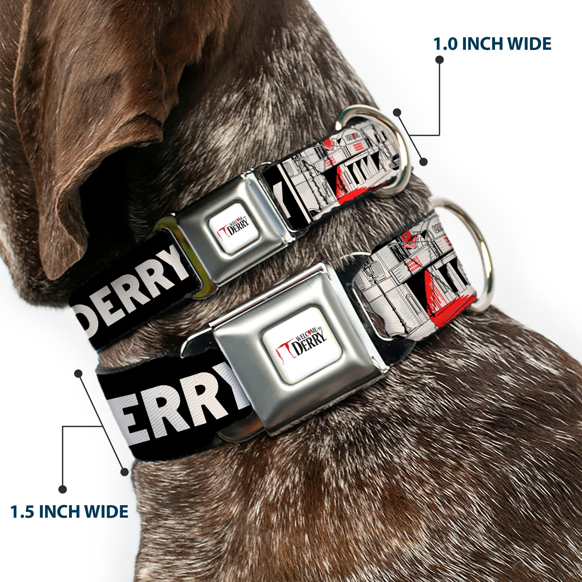 IT WELCOME TO DERRY Title Logo Full Color White Seatbelt Buckle Collar - IT Welcome to Derry Vintage Movie Theatre Scene Black/White Seatbelt Buckle Collars IT