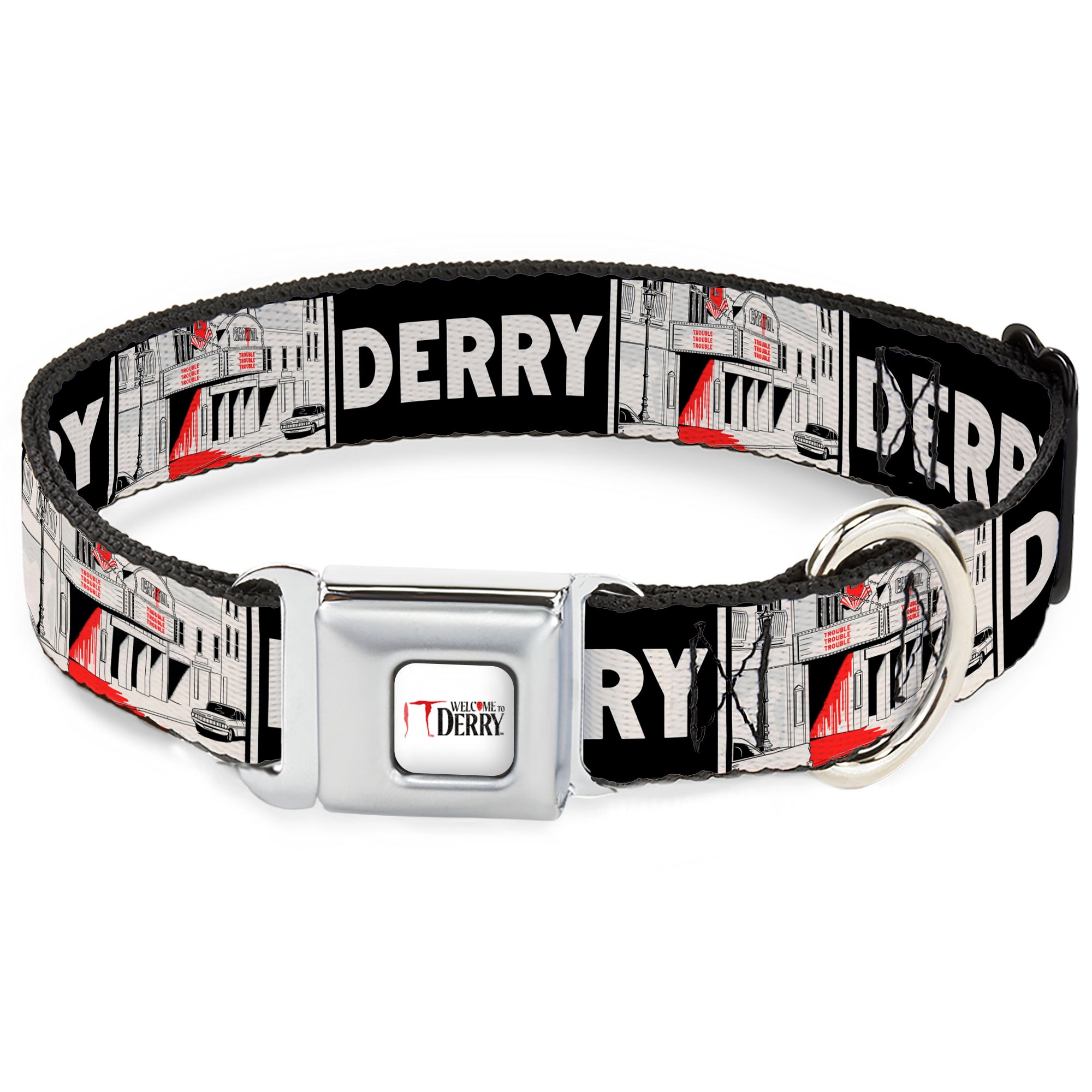 IT WELCOME TO DERRY Title Logo Full Color White Seatbelt Buckle Collar - IT Welcome to Derry Vintage Movie Theatre Scene Black/White Seatbelt Buckle Collars IT