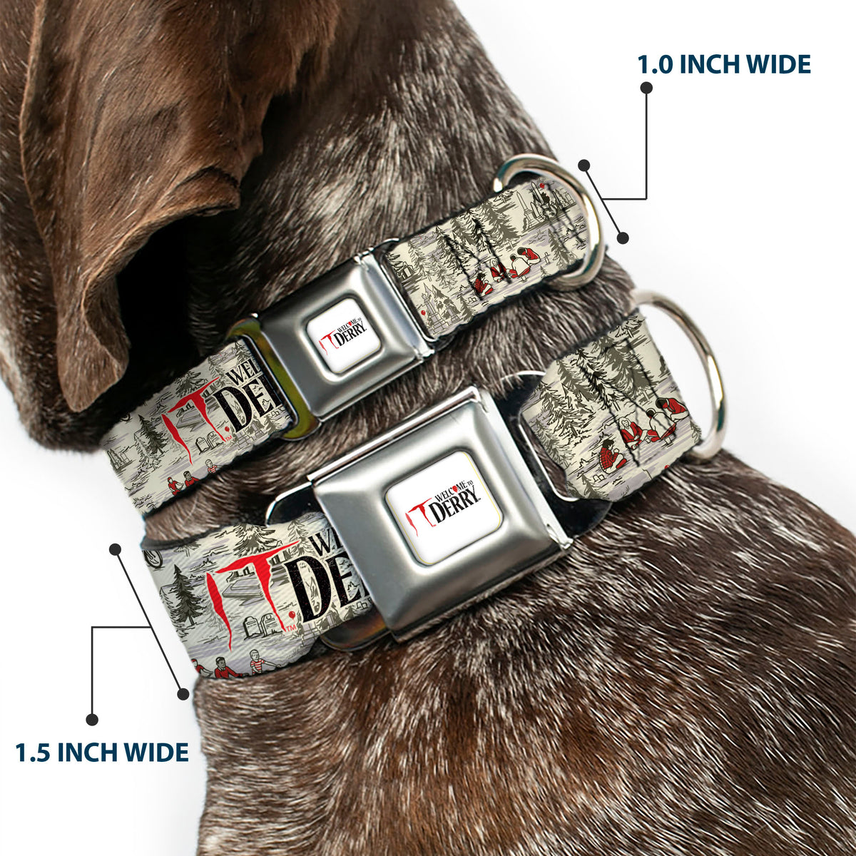 IT WELCOME TO DERRY Title Logo Full Color White Seatbelt Buckle Collar - IT WELCOME TO DERRY Camping Forest Scenery and Title Logo Beige/Grays Seatbelt Buckle Collars IT
