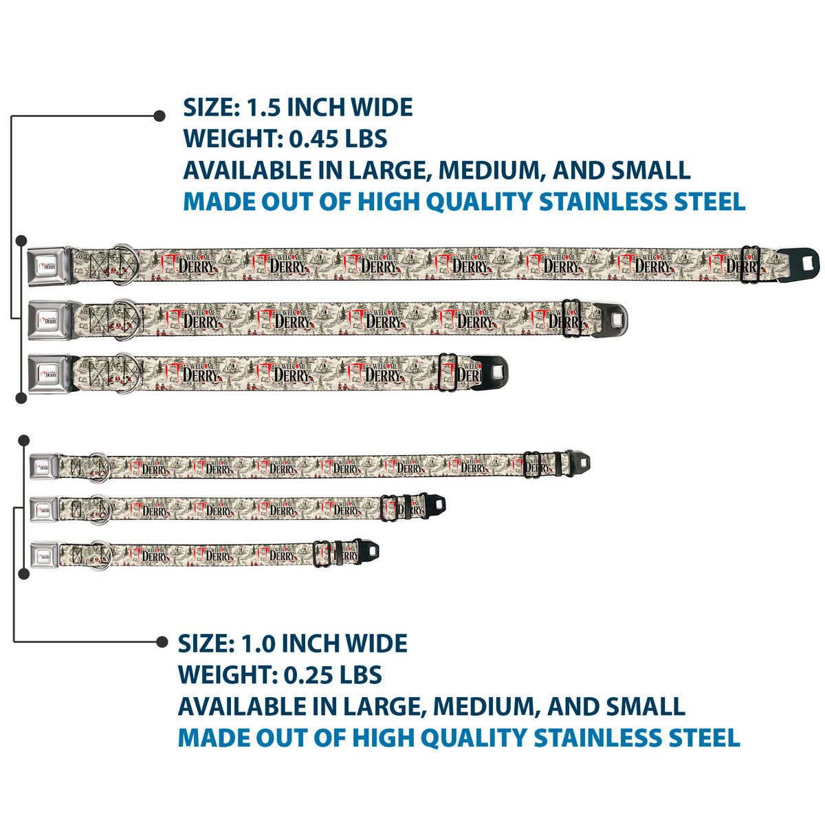 IT WELCOME TO DERRY Title Logo Full Color White Seatbelt Buckle Collar - IT WELCOME TO DERRY Camping Forest Scenery and Title Logo Beige/Grays Seatbelt Buckle Collars IT